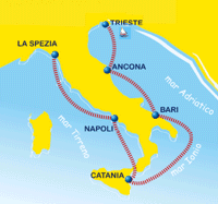 il disegno della penisola italiana con i porti toccati dal giro in barca